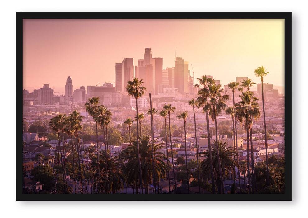 Pixxprint Palmen vor Skyline von Los Angeles, Poster mit Bilderrahmen Vierteljährliche Förderung