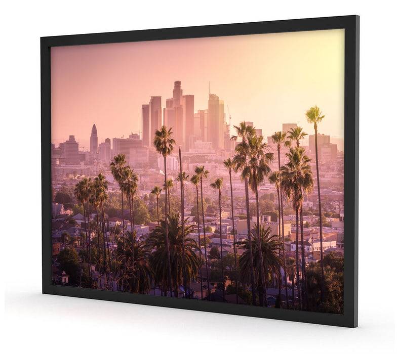Pixxprint Palmen vor Skyline von Los Angeles, Poster mit Bilderrahmen Vierteljährliche Förderung