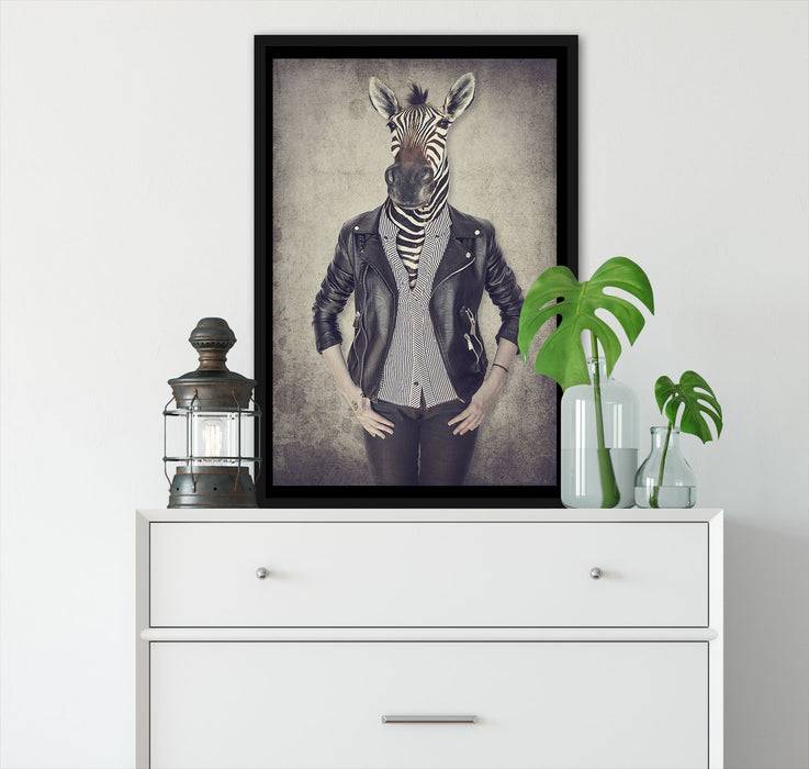 Pixxprint Zebrakopf Menschenkörper mit Lederjacke, Poster mit Bilderrahmen Nur noch ein Tag übrig