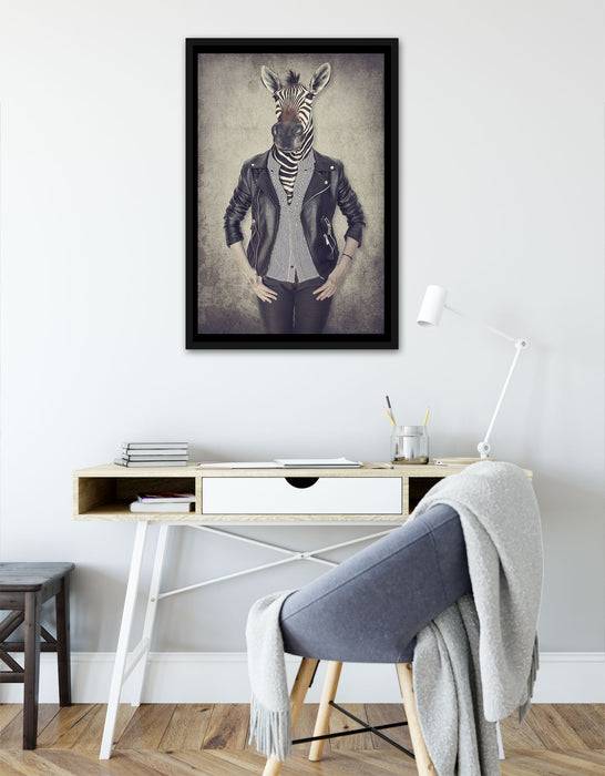 Pixxprint Zebrakopf Menschenkörper mit Lederjacke, Poster mit Bilderrahmen Nur noch ein Tag übrig