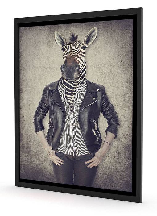 Pixxprint Zebrakopf Menschenkörper mit Lederjacke, Poster mit Bilderrahmen Nur noch ein Tag übrig