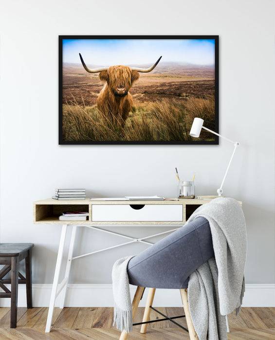 Pixxprint Highland Rind mit großen Hörnern Steppe, Poster mit Bilderrahmen Begrenzt auf 3 Tage