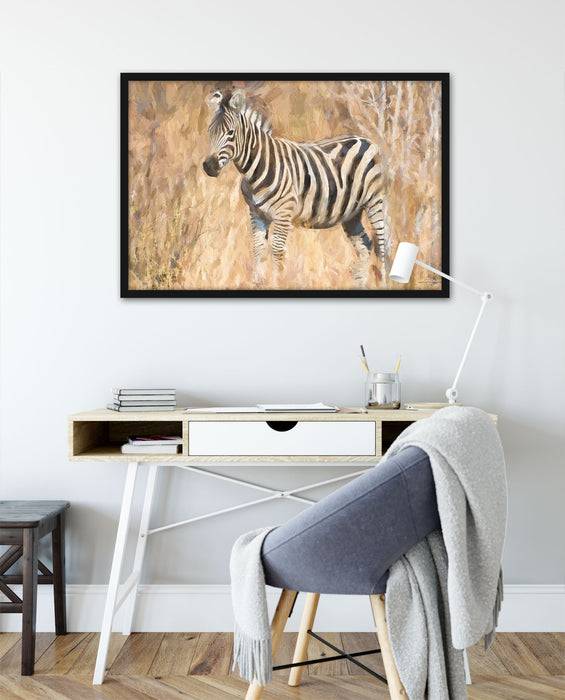 Pixxprint Anmutiges Zebra in Savanne, Poster mit Bilderrahmen Black Friday