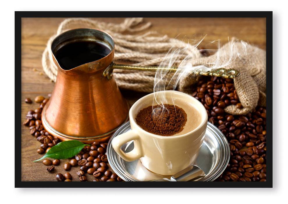 Pixxprint Frisch Kaffee mit Kaffeebohnen, Poster mit Bilderrahmen Jubiläumsangebot