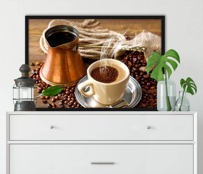Pixxprint Frisch Kaffee mit Kaffeebohnen, Poster mit Bilderrahmen Jubiläumsangebot