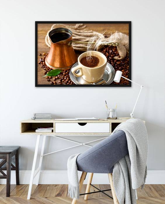 Pixxprint Frisch Kaffee mit Kaffeebohnen, Poster mit Bilderrahmen Jubiläumsangebot