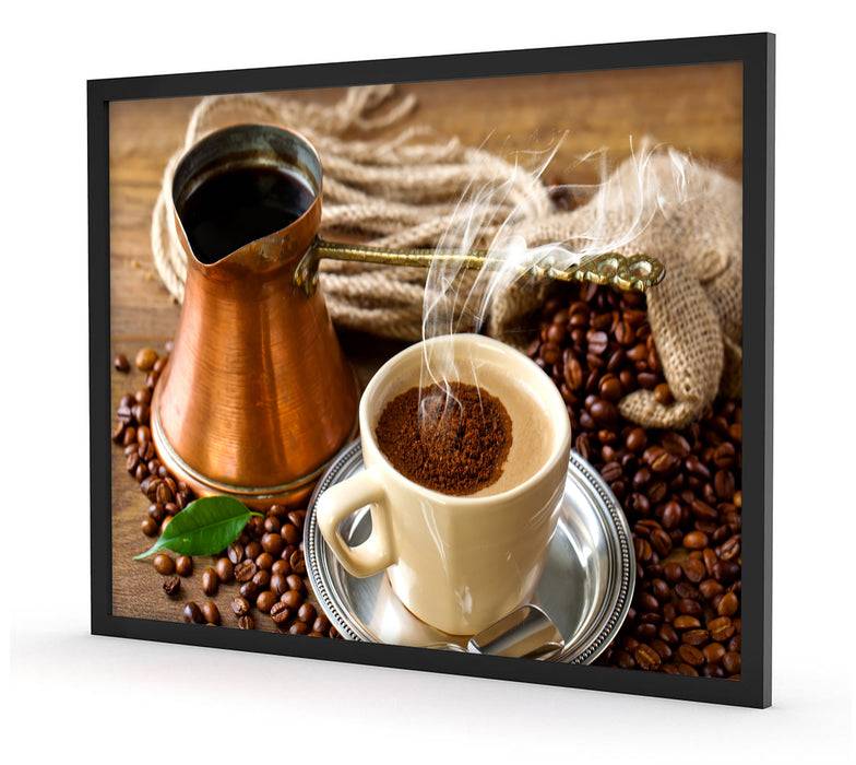 Pixxprint Frisch Kaffee mit Kaffeebohnen, Poster mit Bilderrahmen Jubiläumsangebot