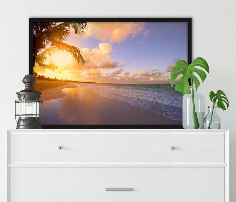 Pixxprint Strand bei Sonnenuntergang, Poster mit Bilderrahmen Lagerräumung