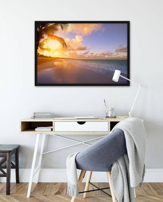 Pixxprint Strand bei Sonnenuntergang, Poster mit Bilderrahmen Lagerräumung