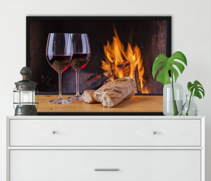 Pixxprint Zwei Gläser Wein mit Baguette, Poster mit Bilderrahmen Neuheiten