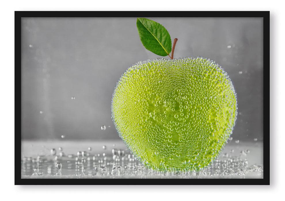Pixxprint Grüner leckerer Apfel im Wasser, Poster mit Bilderrahmen Kauf eins, bekomm eins gratis