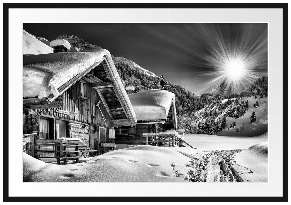 Pixxprint Verschneite Alpenhütte, im Galerie-Passepartout Bilderrahmen