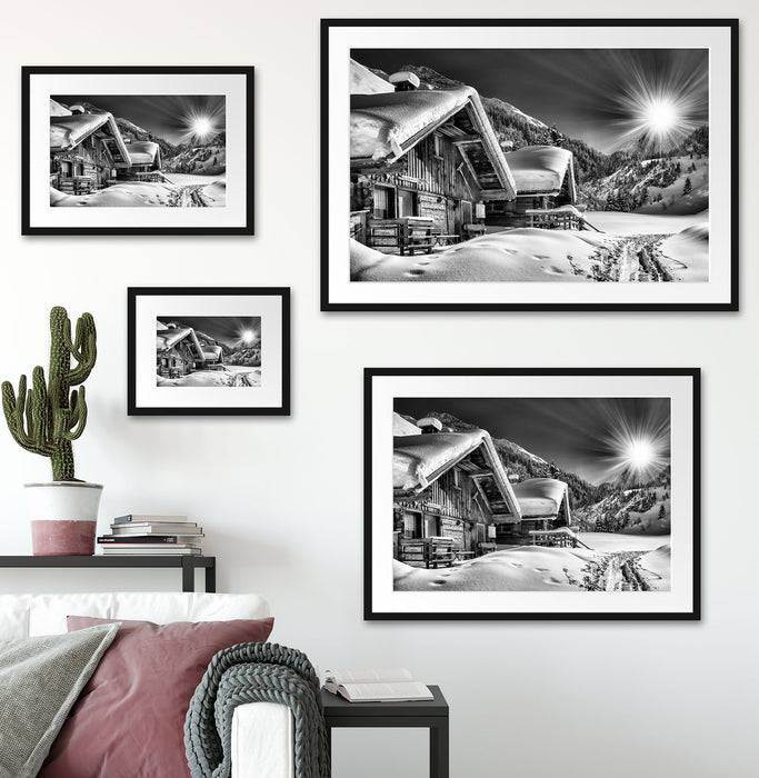 Pixxprint Verschneite Alpenhütte, im Galerie-Passepartout Bilderrahmen Tägliche Deals