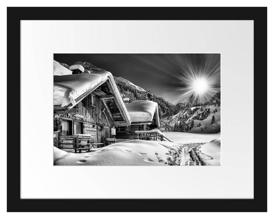 Pixxprint Verschneite Alpenhütte, im Galerie-Passepartout Bilderrahmen Tägliche Deals