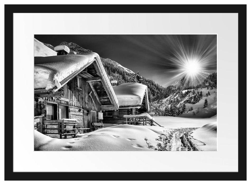 Pixxprint Verschneite Alpenhütte, im Galerie-Passepartout Bilderrahmen Tägliche Deals