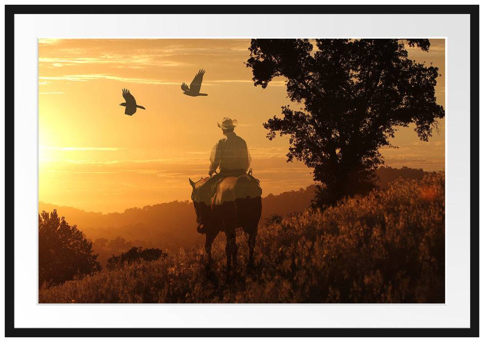 Pixxprint Ein Cowboy im Sonnenuntergang, im Galerie-Passepartout Bilderrahmen