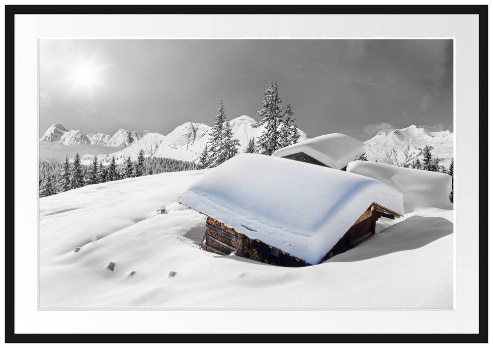 Pixxprint Berghütten in den Alpen, im Galerie-Passepartout Bilderrahmen Nur noch ein Tag übrig
