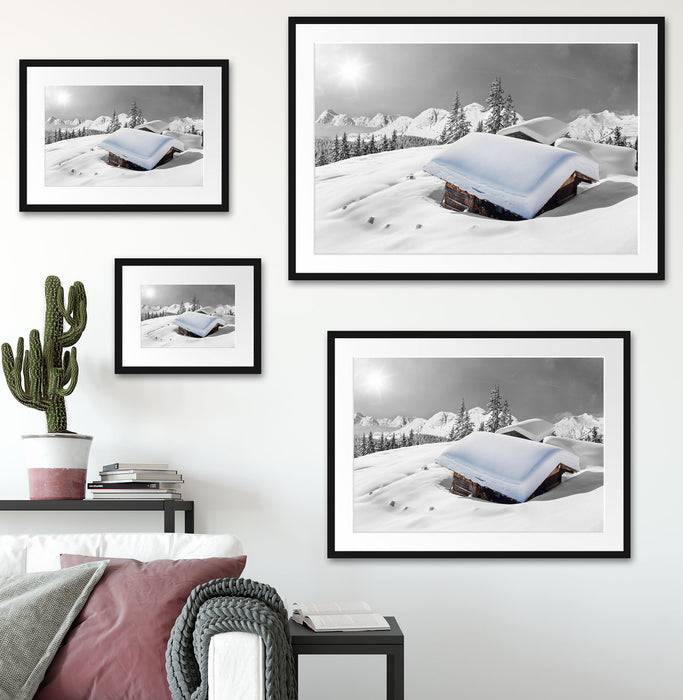 Pixxprint Berghütten in den Alpen, im Galerie-Passepartout Bilderrahmen Nur noch ein Tag übrig