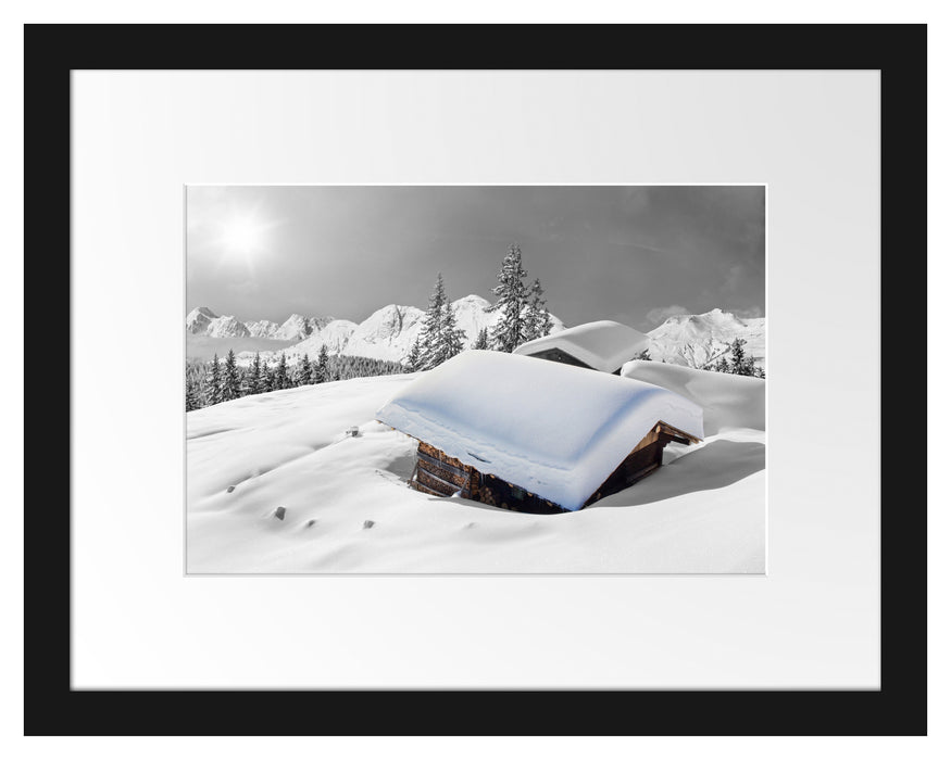 Pixxprint Berghütten in den Alpen, im Galerie-Passepartout Bilderrahmen Nur noch ein Tag übrig