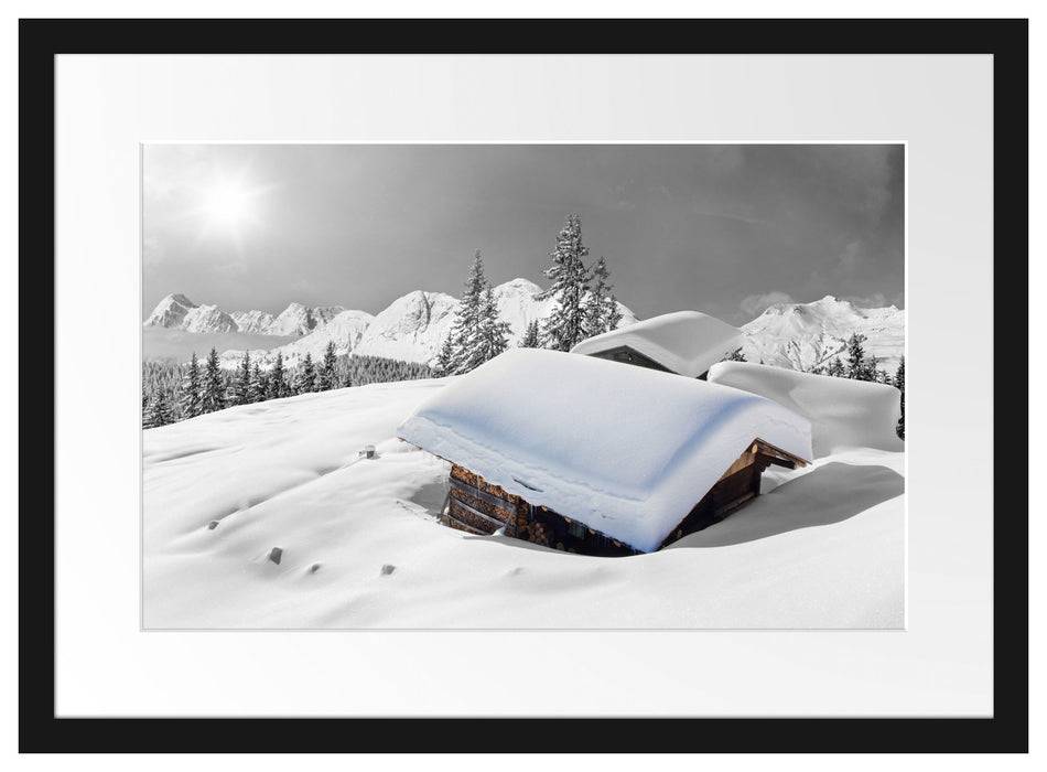 Pixxprint Berghütten in den Alpen, im Galerie-Passepartout Bilderrahmen Nur noch ein Tag übrig
