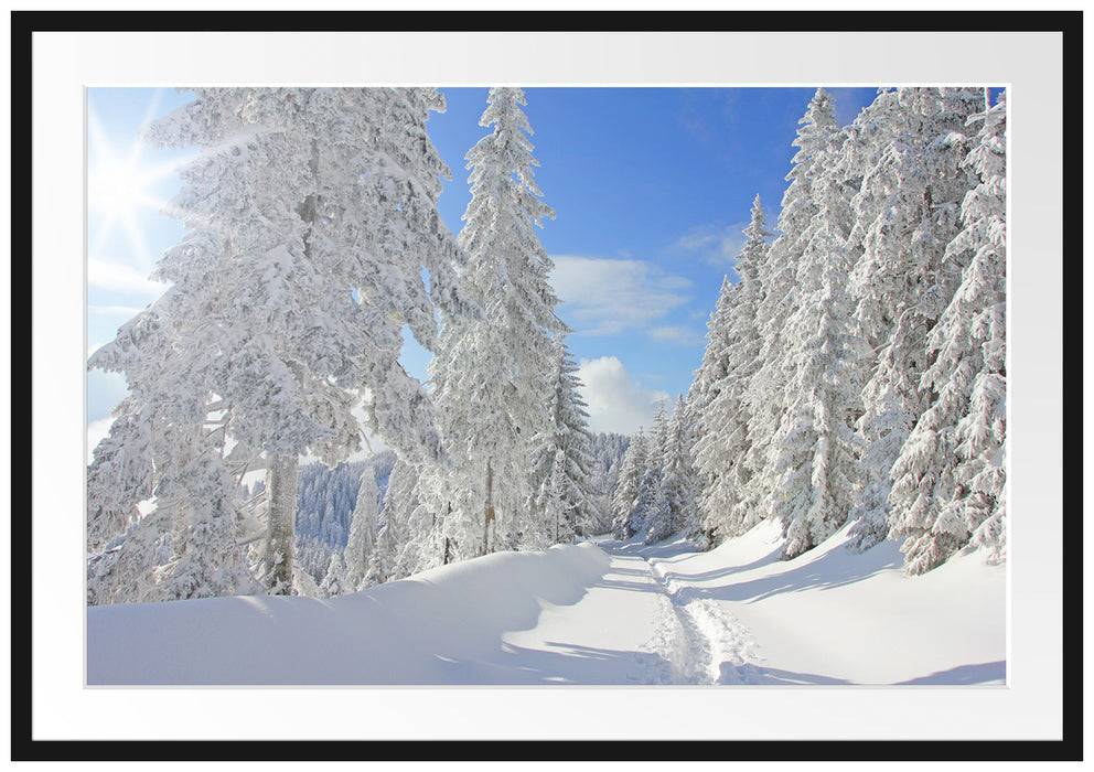 Pixxprint Winterlandschaft Bäume, im Galerie-Passepartout Bilderrahmen
