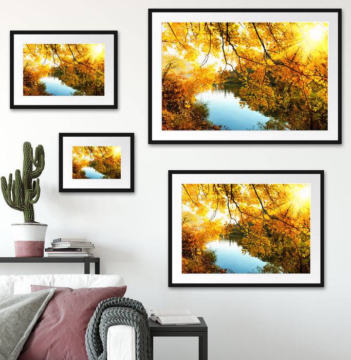 Pixxprint Landschaft mit See und Bäumen, im Galerie-Passepartout Bilderrahmen Schlussverkauf