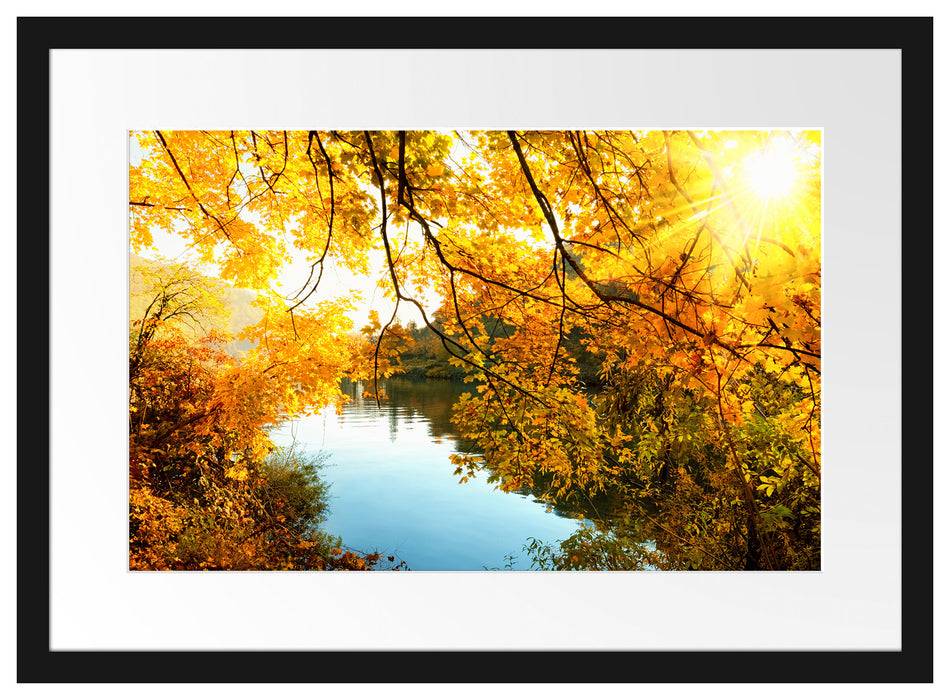 Pixxprint Landschaft mit See und Bäumen, im Galerie-Passepartout Bilderrahmen Schlussverkauf