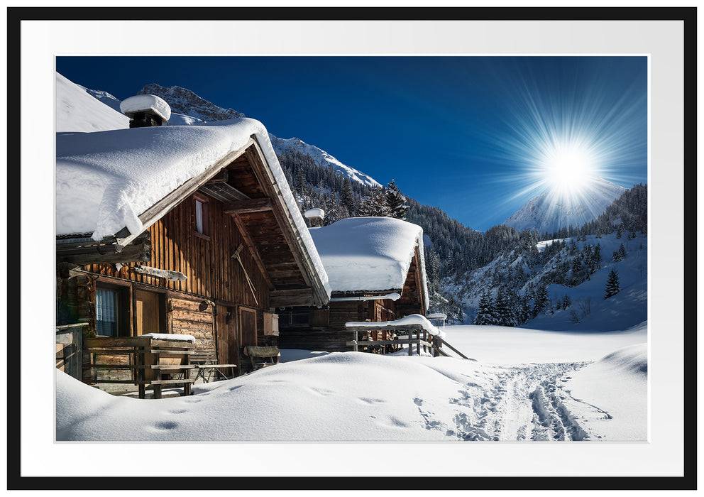 Pixxprint Verschneite Alpenhütte, im Galerie-Passepartout Bilderrahmen