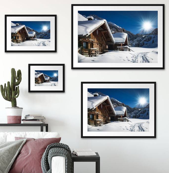 Pixxprint Verschneite Alpenhütte, im Galerie-Passepartout Bilderrahmen Blitzangebot