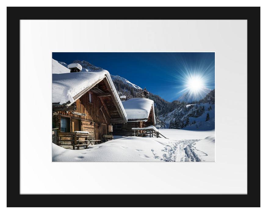 Pixxprint Verschneite Alpenhütte, im Galerie-Passepartout Bilderrahmen Blitzangebot