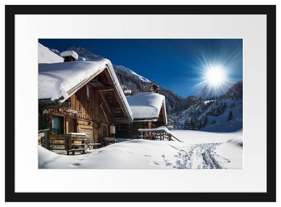 Pixxprint Verschneite Alpenhütte, im Galerie-Passepartout Bilderrahmen Blitzangebot