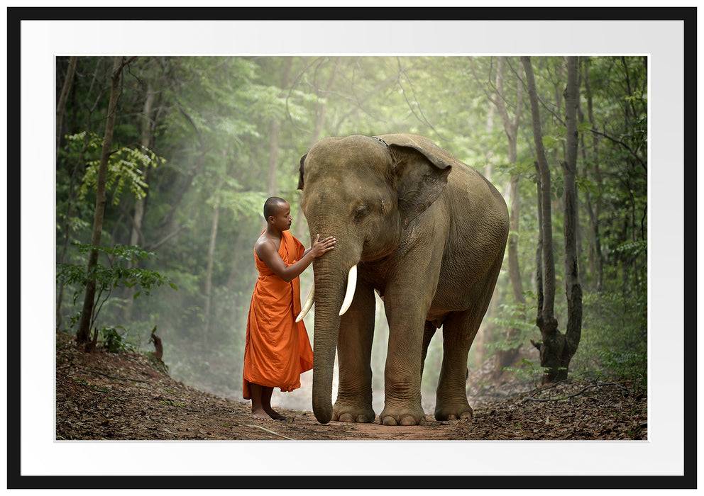 Pixxprint wunderschöner Elefant mit Mönch, im Galerie-Passepartout Bilderrahmen Räumungsverkauf