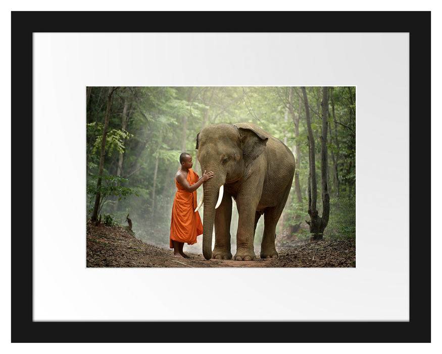 Pixxprint wunderschöner Elefant mit Mönch, im Galerie-Passepartout Bilderrahmen Räumungsverkauf