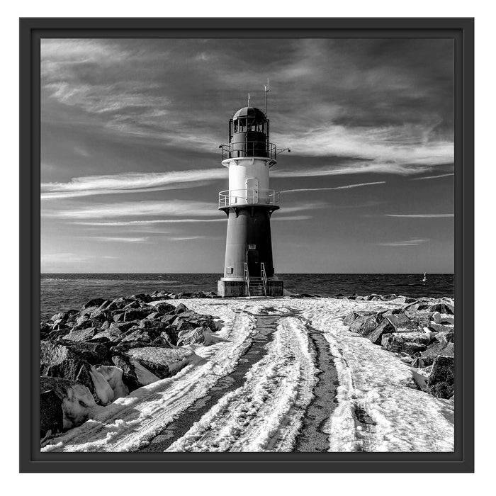 Pixxprint Molentürme in Warnemünde im Winter, Monochrome, im Schwebe-Effekt Bilderrahmen Nur noch ein Tag übrig