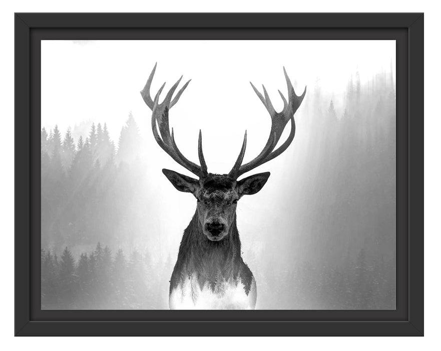 Pixxprint Nahaufnahme Hirsch im Nebelwald abstrakt, Monochrome, im Schwebe-Effekt Bilderrahmen Super Rabatt