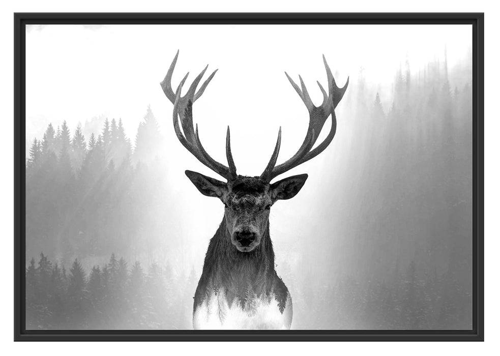 Pixxprint Nahaufnahme Hirsch im Nebelwald abstrakt, Monochrome, im Schwebe-Effekt Bilderrahmen Super Rabatt