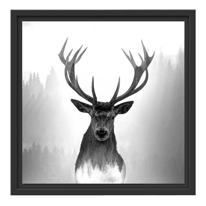 Pixxprint Nahaufnahme Hirsch im Nebelwald abstrakt, Monochrome, im Schwebe-Effekt Bilderrahmen Super Rabatt