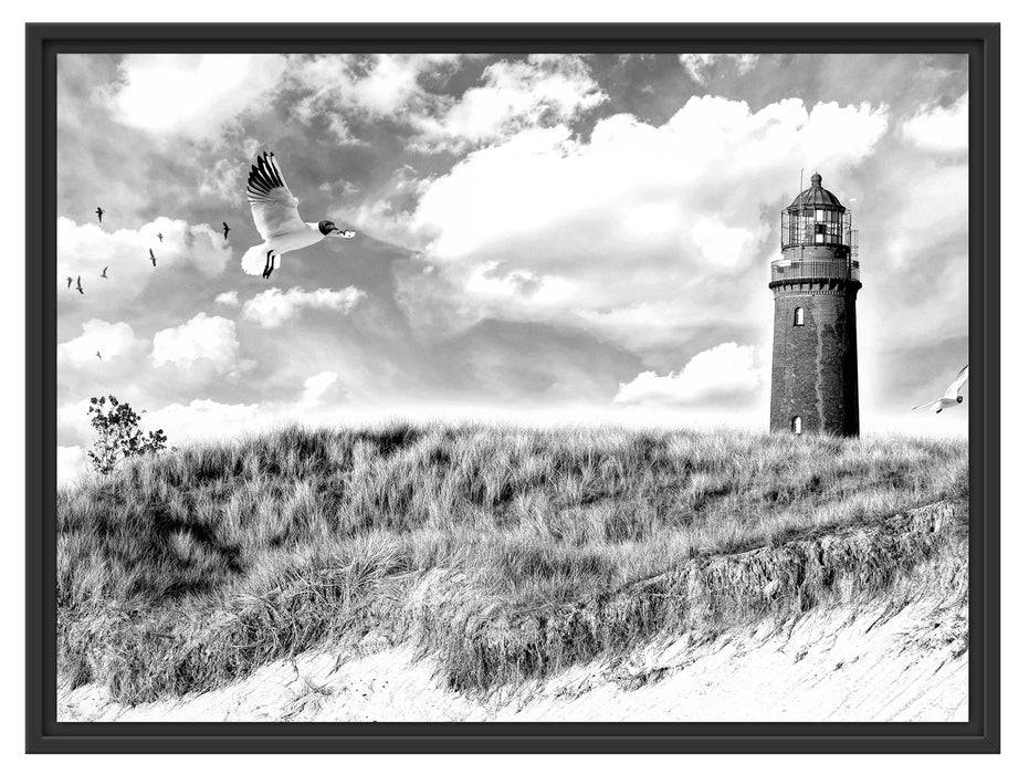 Pixxprint Möwen fliegen am Meer vor Leuchtturm, Monochrome, im Schwebe-Effekt Bilderrahmen 50% Rabatt mit kostenlosem Versand