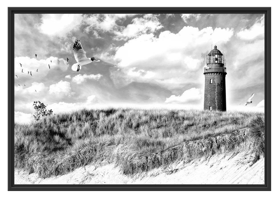 Pixxprint Möwen fliegen am Meer vor Leuchtturm, Monochrome, im Schwebe-Effekt Bilderrahmen 50% Rabatt mit kostenlosem Versand