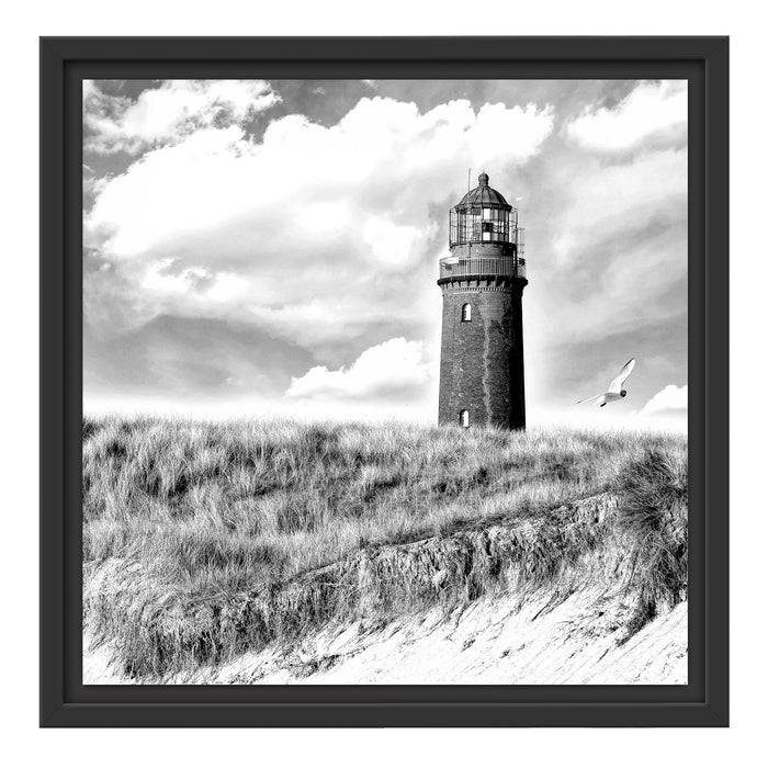 Pixxprint Möwen fliegen am Meer vor Leuchtturm, Monochrome, im Schwebe-Effekt Bilderrahmen 50% Rabatt mit kostenlosem Versand