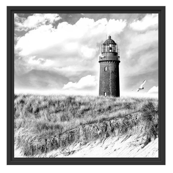 Pixxprint Möwen fliegen am Meer vor Leuchtturm, Monochrome, im Schwebe-Effekt Bilderrahmen 50% Rabatt mit kostenlosem Versand