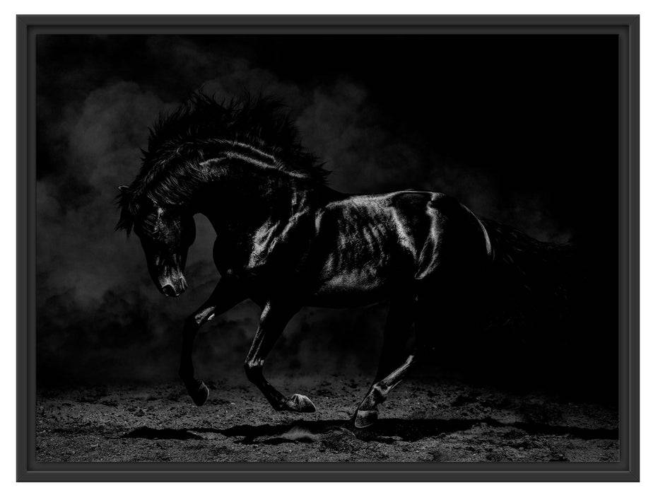 Pixxprint Edles galoppierendes schwarzes Pferd, Monochrome, im Schwebe-Effekt Bilderrahmen Clearance-Verkauf