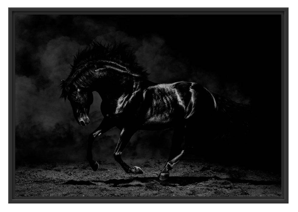 Pixxprint Edles galoppierendes schwarzes Pferd, Monochrome, im Schwebe-Effekt Bilderrahmen Clearance-Verkauf