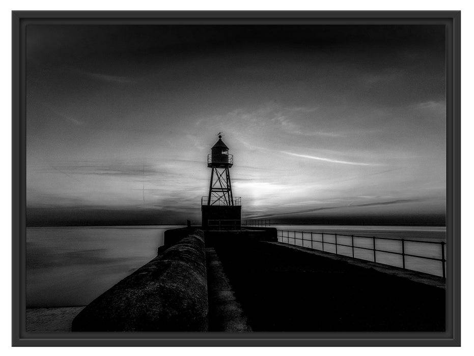 Pixxprint Leuchtturm am Steg bei Sonnenuntergang, Monochrome, im Schwebe-Effekt Bilderrahmen Black Friday Preise