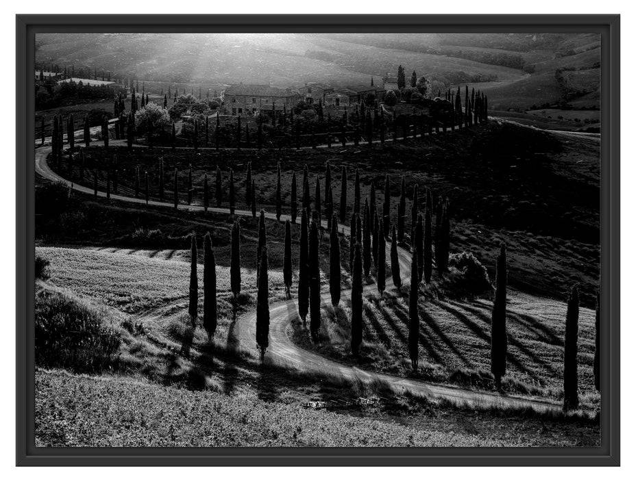 Pixxprint Straße in der Toskana im Sonnenuntergang, Monochrome, im Schwebe-Effekt Bilderrahmen 50% Rabatt für begrenzte Zeit