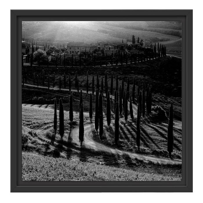 Pixxprint Straße in der Toskana im Sonnenuntergang, Monochrome, im Schwebe-Effekt Bilderrahmen 50% Rabatt für begrenzte Zeit