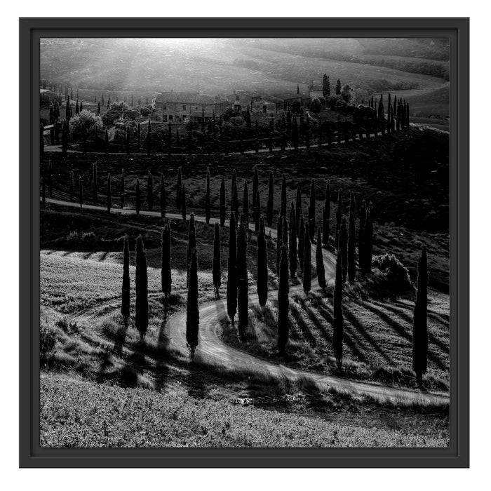 Pixxprint Straße in der Toskana im Sonnenuntergang, Monochrome, im Schwebe-Effekt Bilderrahmen 50% Rabatt für begrenzte Zeit