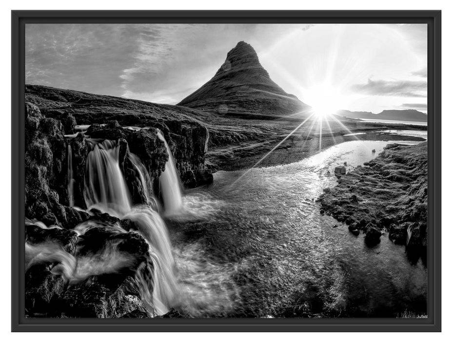 Pixxprint Wasserfall in Isalnd bei Sonnenuntergang, Monochrome, im Schwebe-Effekt Bilderrahmen 2025