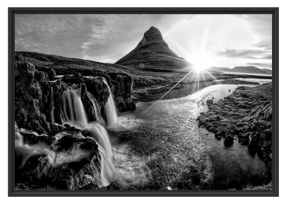 Pixxprint Wasserfall in Isalnd bei Sonnenuntergang, Monochrome, im Schwebe-Effekt Bilderrahmen 2025
