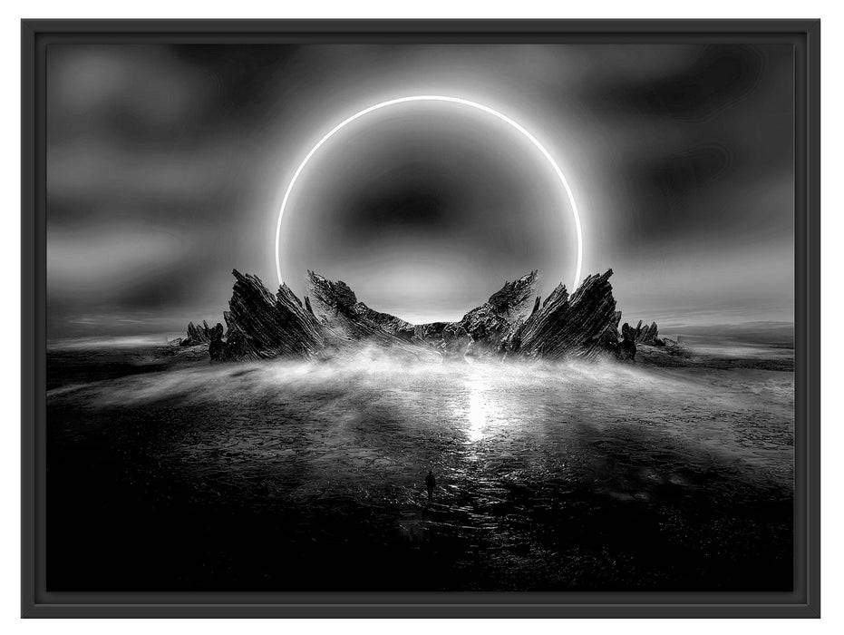 Pixxprint Abstrakter Mond hinter Felsformation, Monochrome, im Schwebe-Effekt Bilderrahmen Auslauf